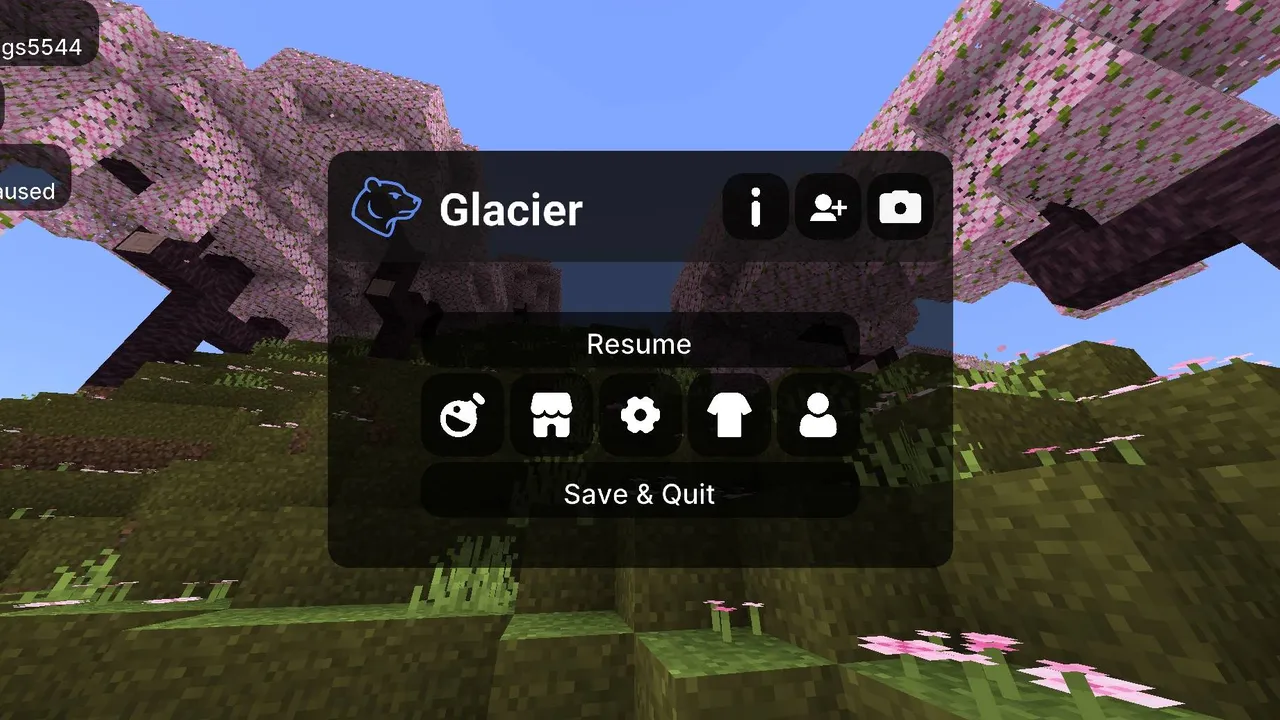 Glacier Client texture pack for Minecraft PE: Paused game menu with custom icons