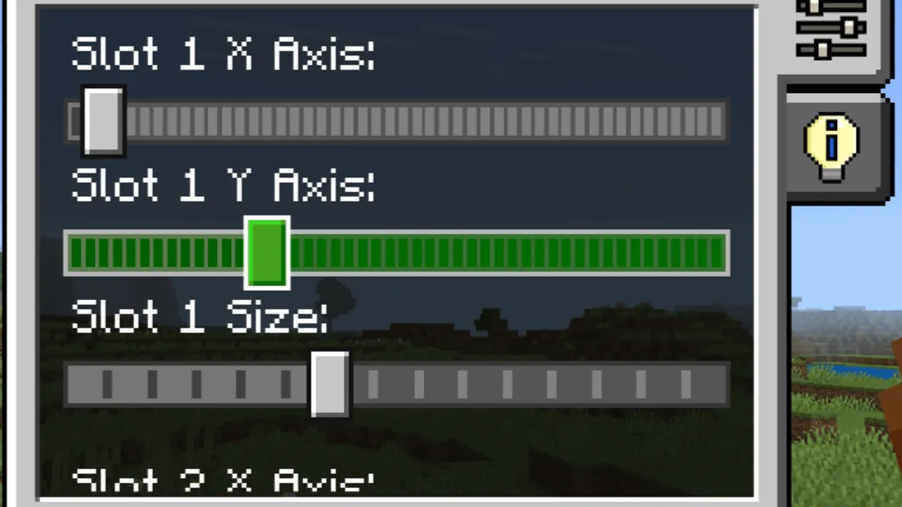 Hotbar Slot Button texture pack: Editor panel with sliders for button position and size