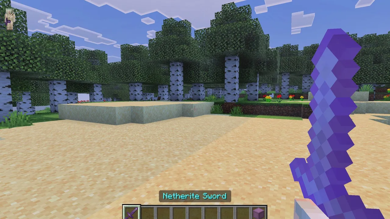 Java Item Tooltips texture pack: Netherite sword held in hand