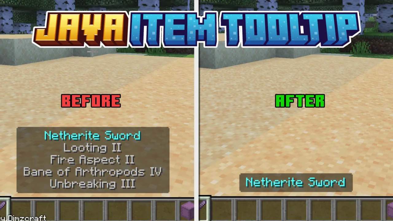 Java Item Tooltips texture pack for Minecraft PE: Netherite sword tooltip before and after