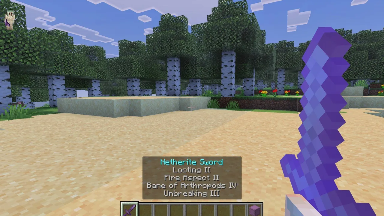 Java Item Tooltips texture pack: Netherite sword with enchantments held