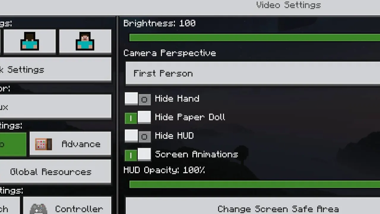 NeBux UI+ texture pack: Video settings menu with brightness and camera options
