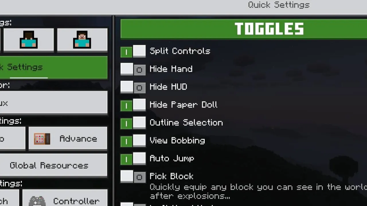 NeBux UI+ texture pack: Settings menu with toggles and quick settings