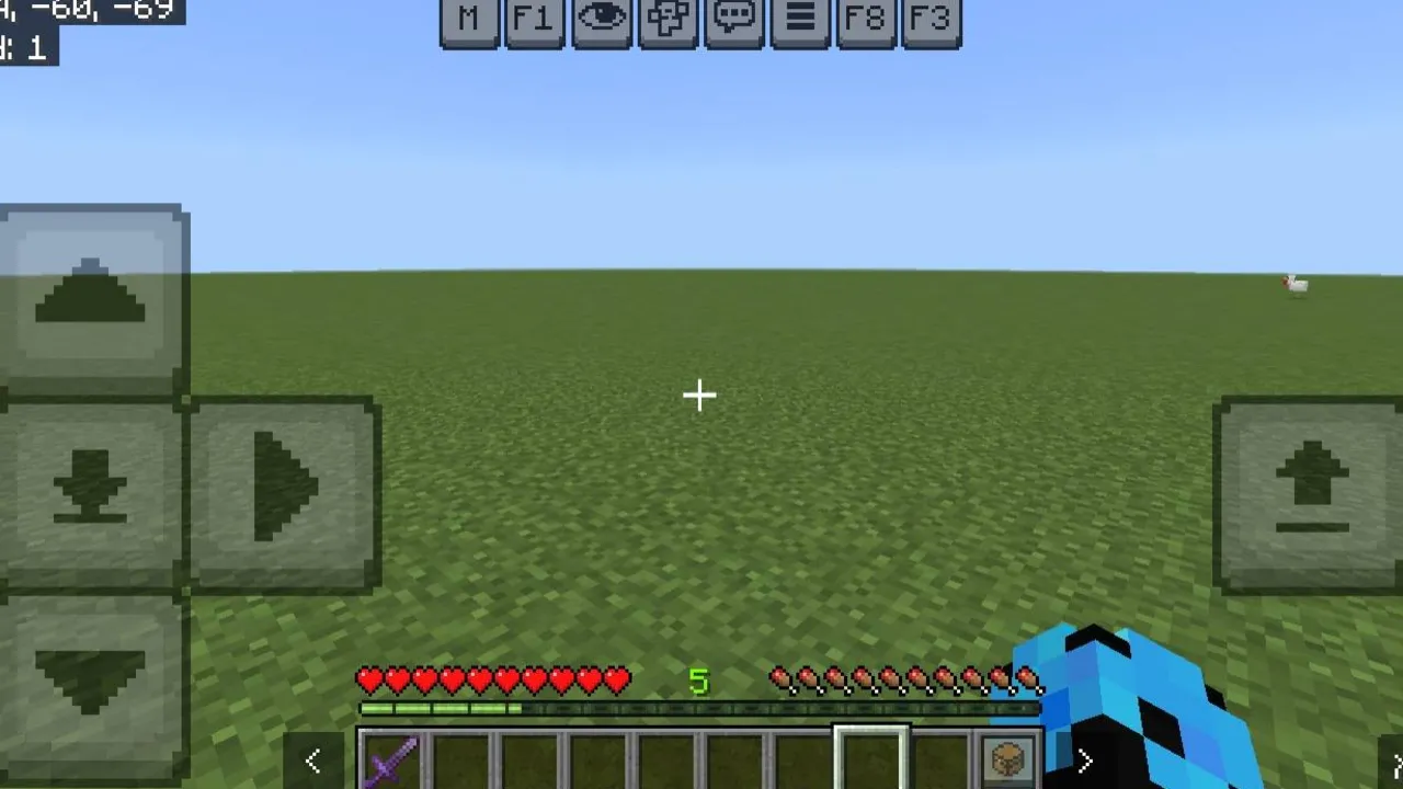 NeBux UI+ texture pack: Player in grassy field with on-screen controls