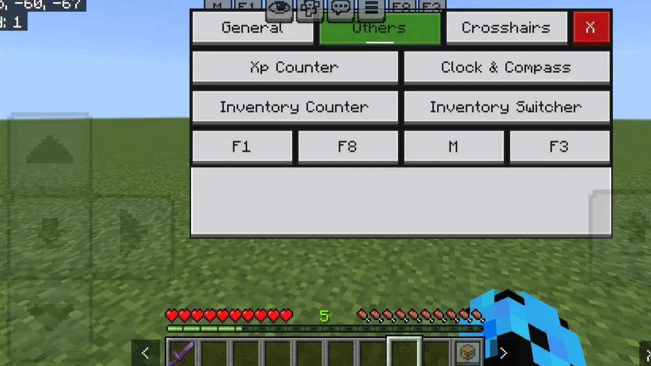 NeBux UI+ texture pack: Settings menu with on-screen clock and compass