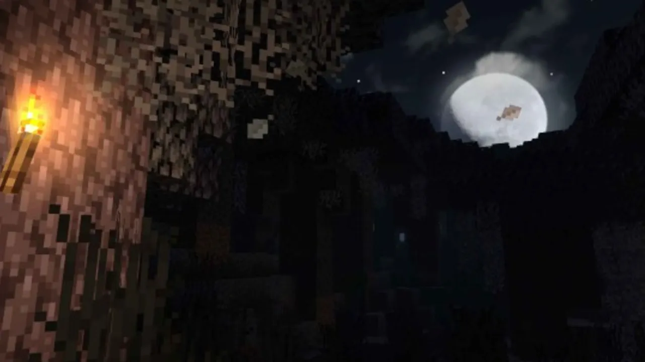 OptiAle Bedrock texture pack: Moonlit cave with torch and glowing ores