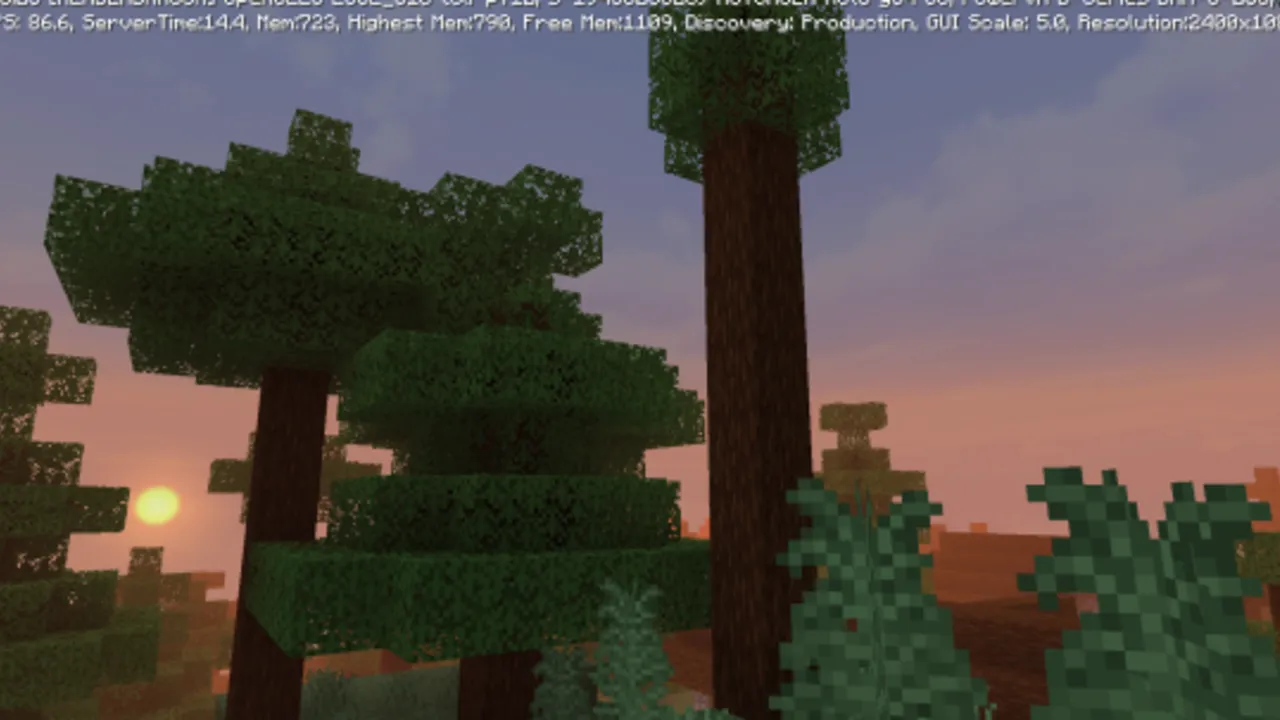 OptiAle Bedrock texture pack: Trees with glowing edges at sunset
