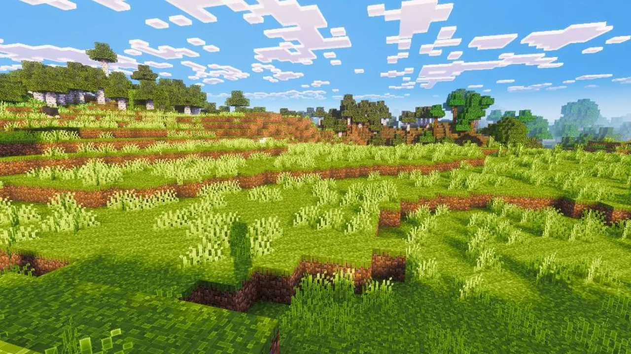 Outline Visuals texture pack: Grassy hills with trees and clouds