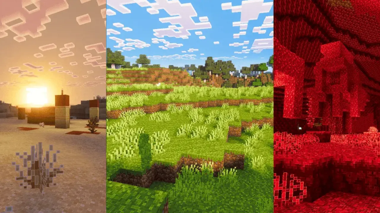 Outline Visuals texture pack for Minecraft PE: Sunset desert grassy hills red nether