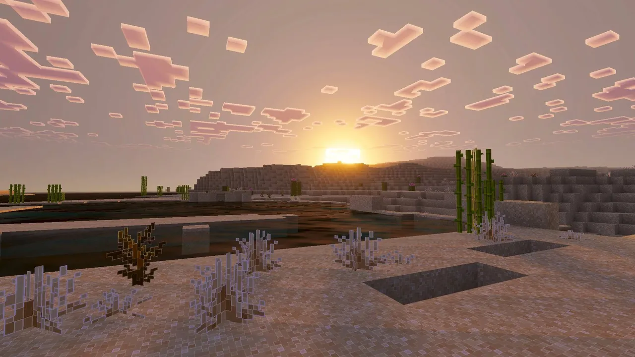 Outline Visuals texture pack: Sunset over desert with cacti and water