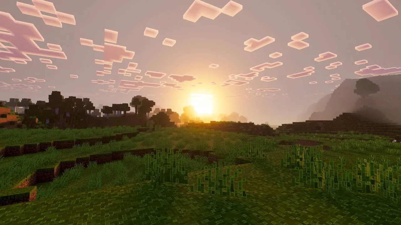 Outline Visuals texture pack: Sunset over grassy field with trees