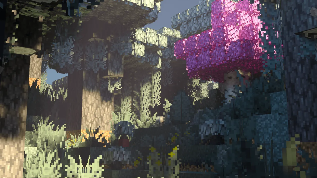 Overgrown texture pack for Minecraft PE: Forest with pink flower tree