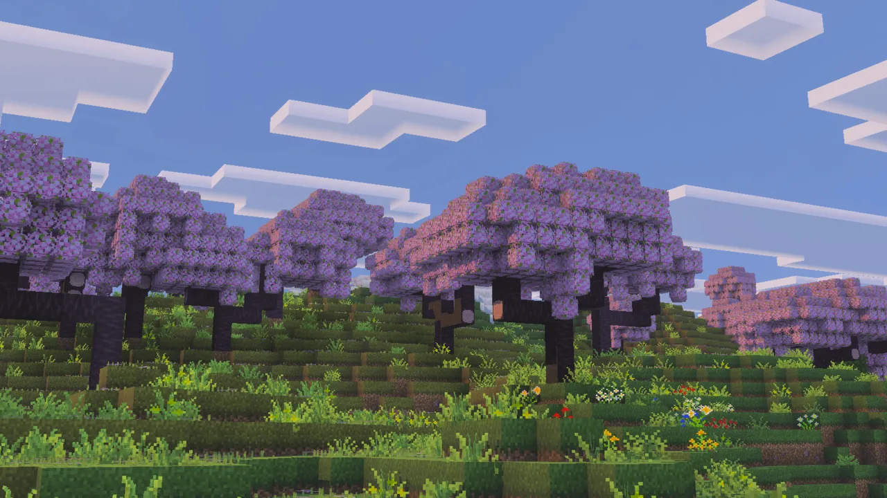 Overgrown texture pack: Purple trees on a grassy hill