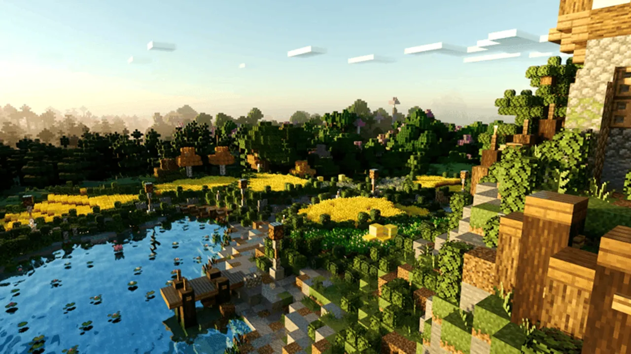 Overgrown texture pack: Lake with wooden dock and green hills