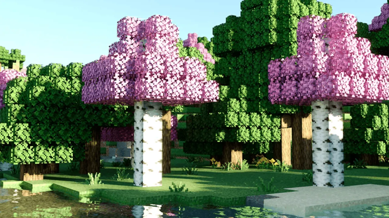 Overgrown texture pack: Pink flowering trees by water