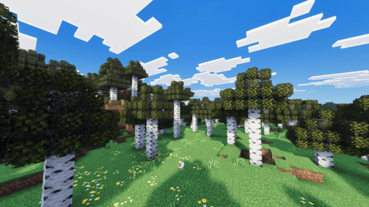 Reef's Better Leaves texture pack: Birch trees in a grassy field