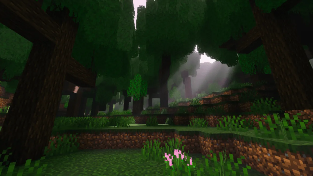 Reef's Better Leaves texture pack for Minecraft PE: Forest with thick trees and pink flowers