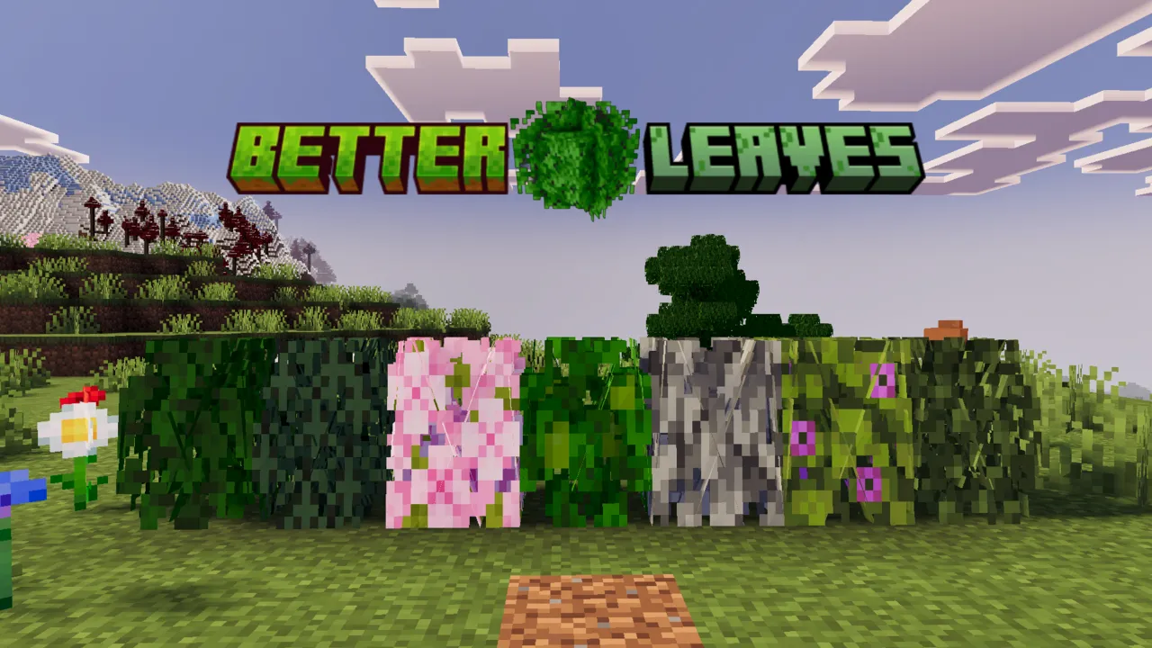 Reef's Better Leaves texture pack: Trees with colorful leaves in a grassy field