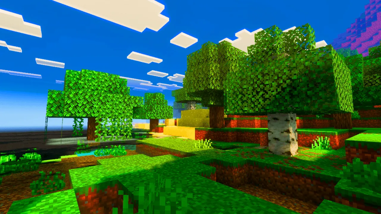 Saturation texture pack: Green trees and grassy hills under blue sky