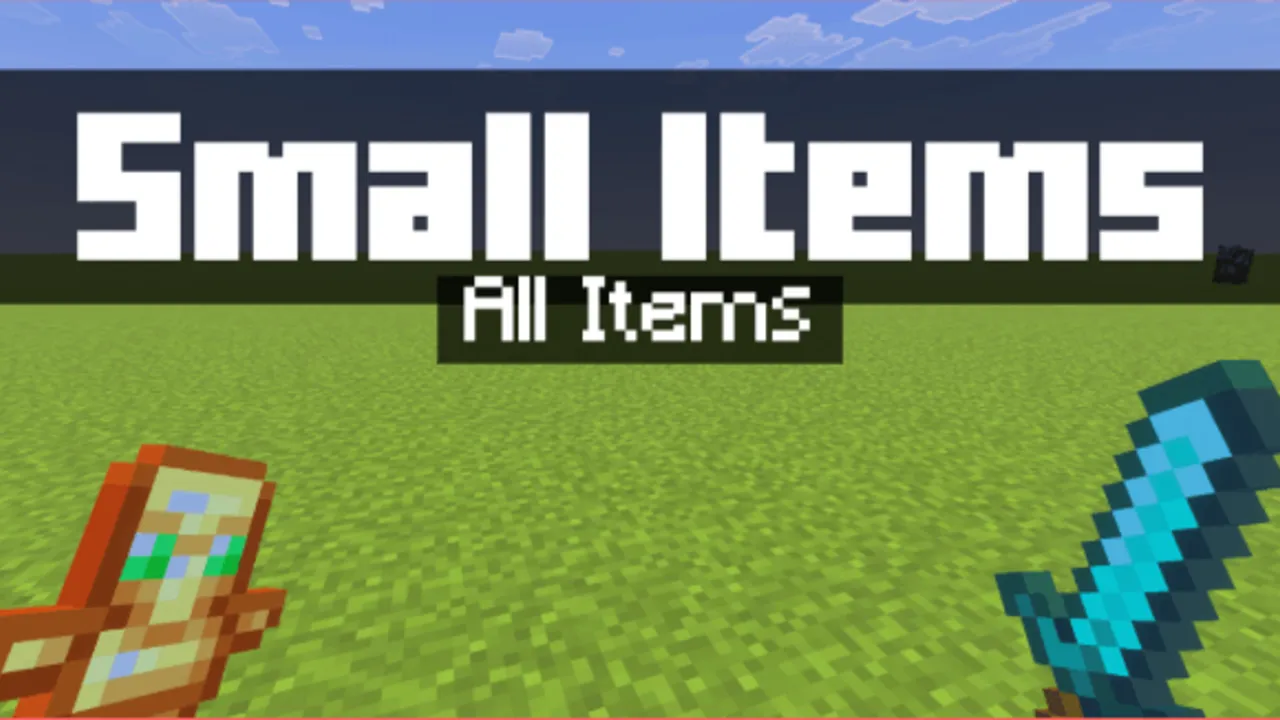 Small Items texture pack for Minecraft PE: Diamond sword and wooden shield on grass