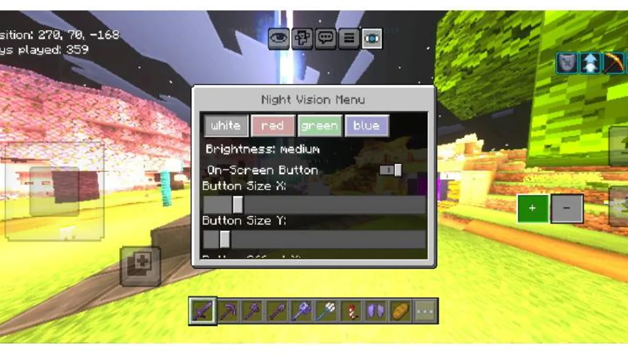 Toggle Night Vision texture pack: Night vision menu with color and brightness settings