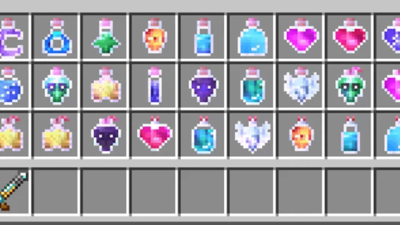 Tools & Potions Reimagined texture pack: Inventory with colorful potions and tools