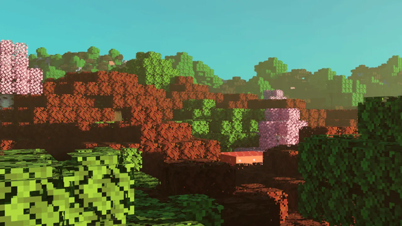 Trees Plus+ Better Trees Texture Pack: Forest with thick green leaves and red logs