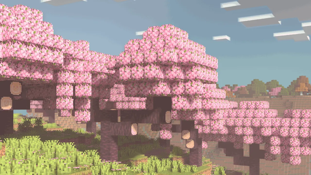 Trees Plus+ Better Trees Texture Pack for Minecraft PE: Pink cherry trees in a field