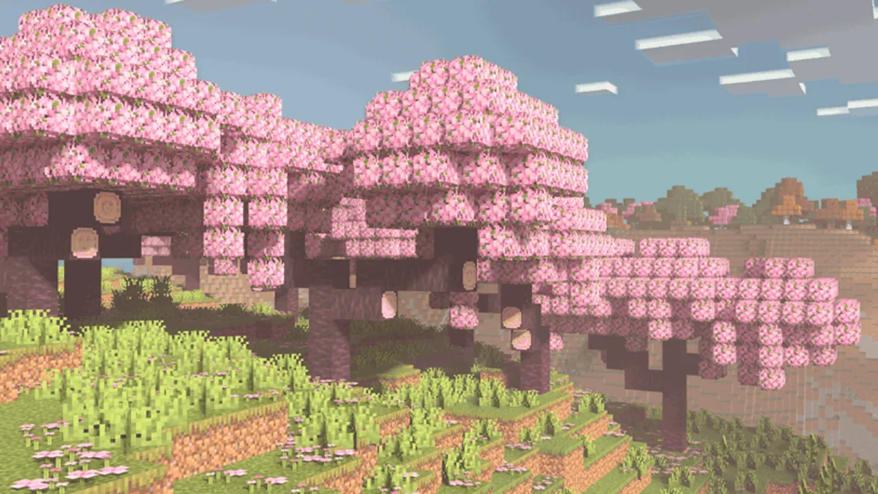 Trees Plus+ Better Trees Texture Pack: Pink cherry trees in a grassy field