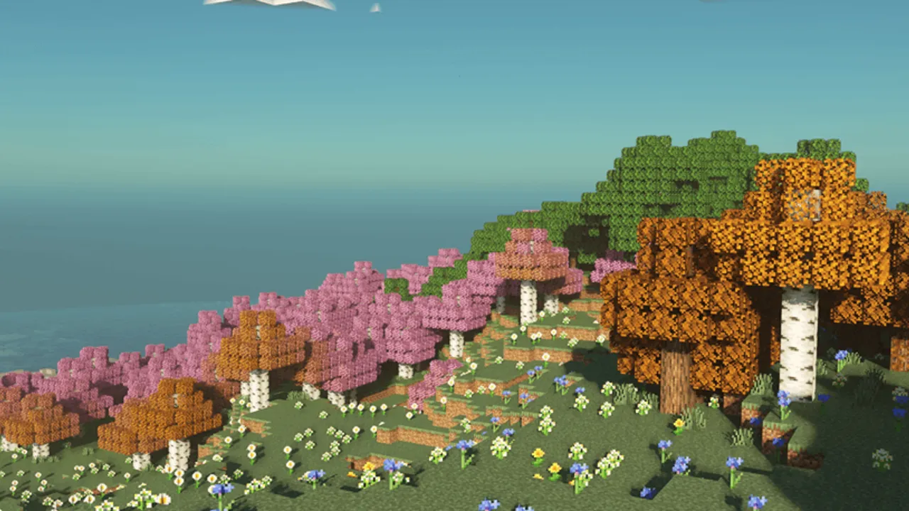 Trees Plus+ Better Trees Texture Pack: Trees with colorful leaves on a hillside
