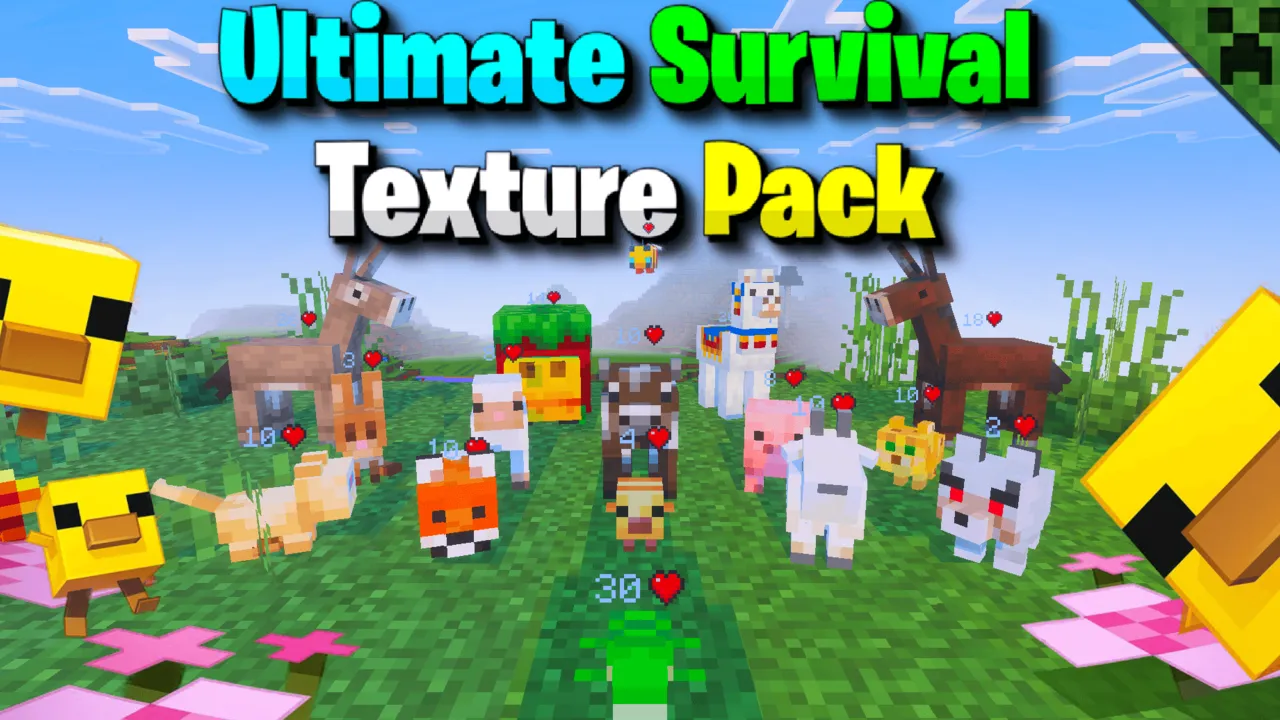 Ultimate Survival Texture Pack for Minecraft PE: Animals in a grassy field