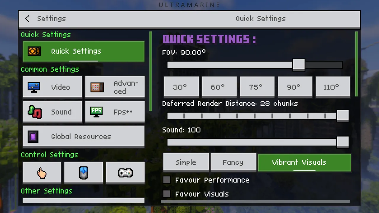 Ultramarine Overhaul texture pack: Settings screen
