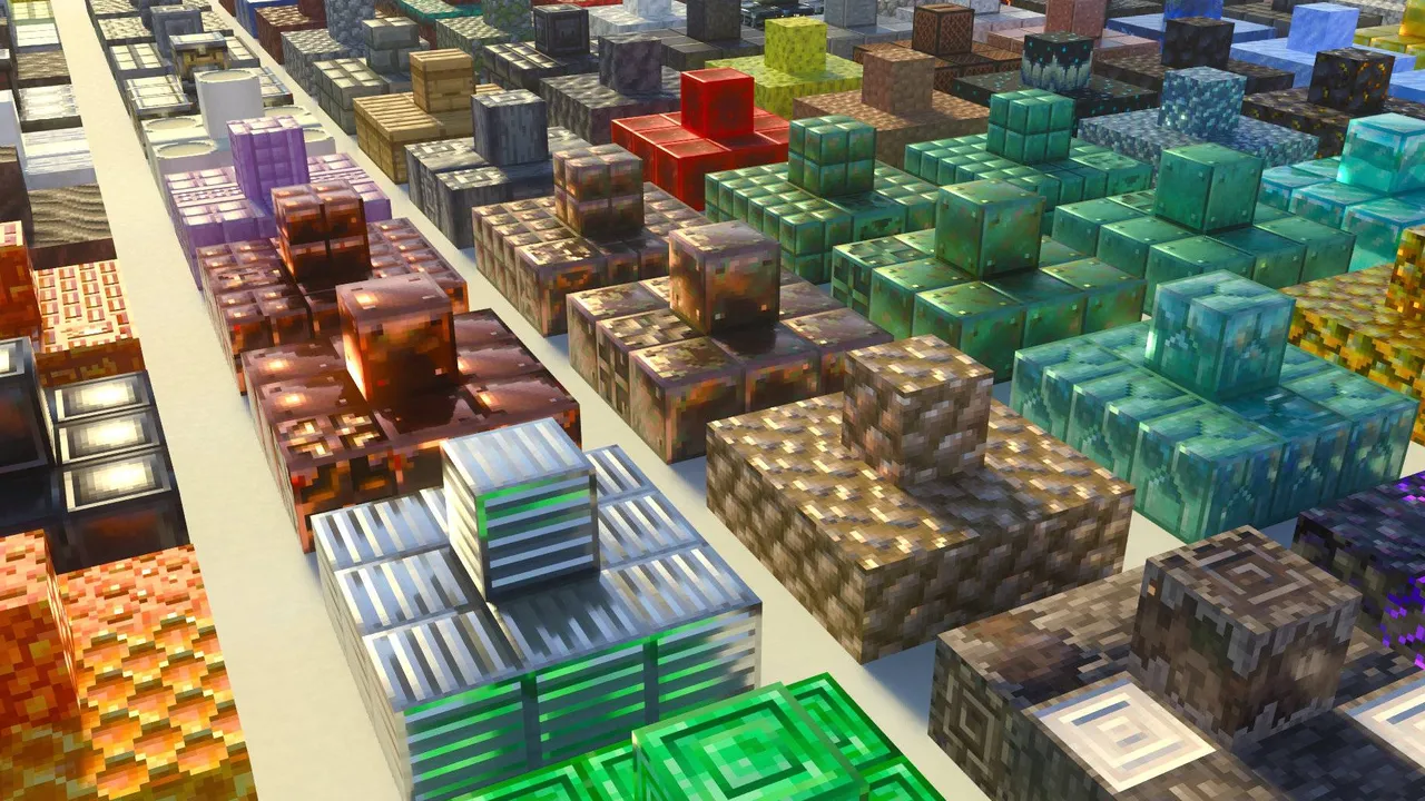 Vanilla RTX Normals texture pack: Colorful blocks arranged in rows