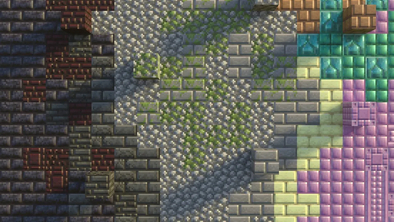 Vanilla RTX Normals texture pack: Stone path with moss and colorful blocks