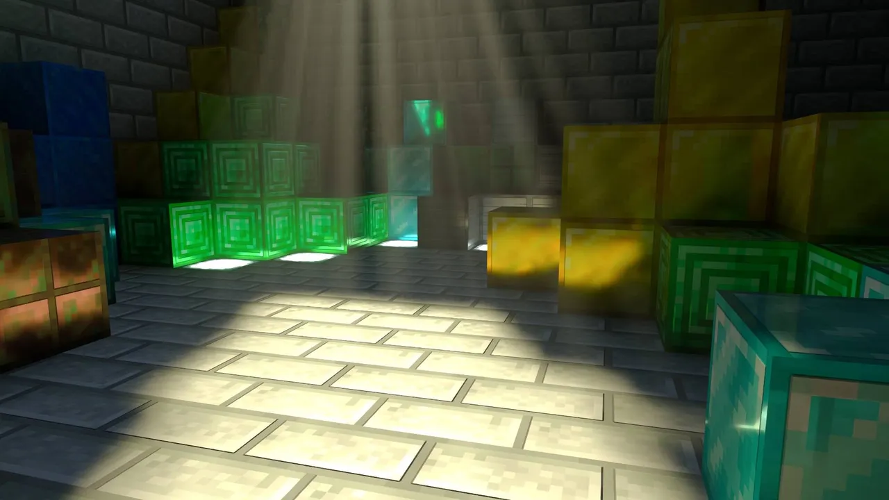 Vanilla RTX texture pack: Glowing blocks in a stone room