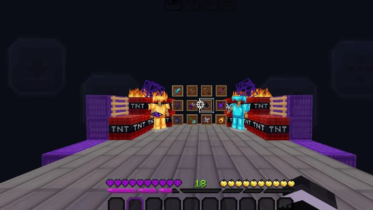 †VENOM† Client PvP texture pack for Minecraft PE: Player aiming with crosshair in PvP arena
