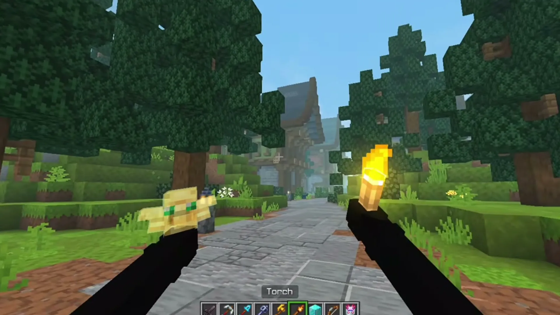 View Model A&S texture pack: Player holding torch in forest path
