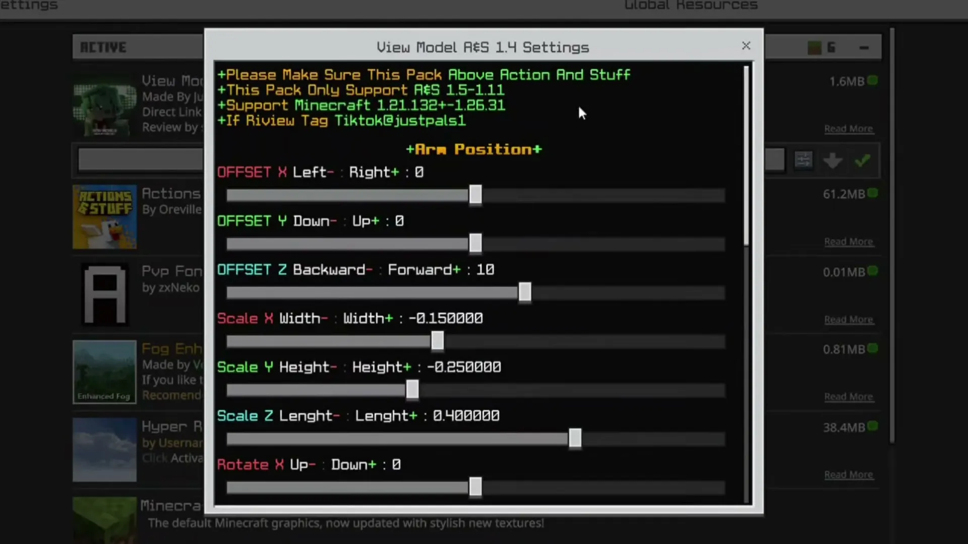 View Model A&S texture pack: Settings window for View Model A&S texture pack