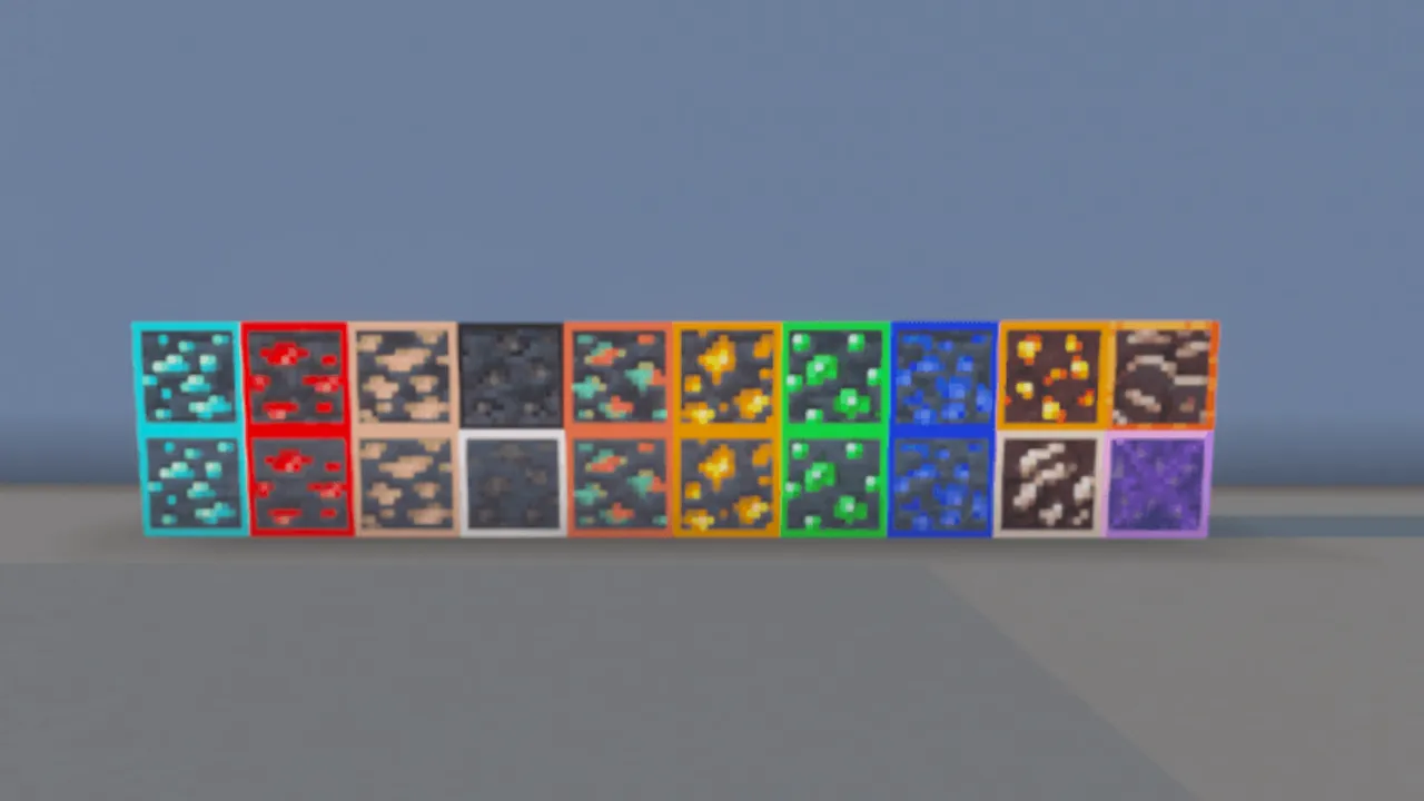 Visible Ores Plus texture pack: Glowing ores in a row