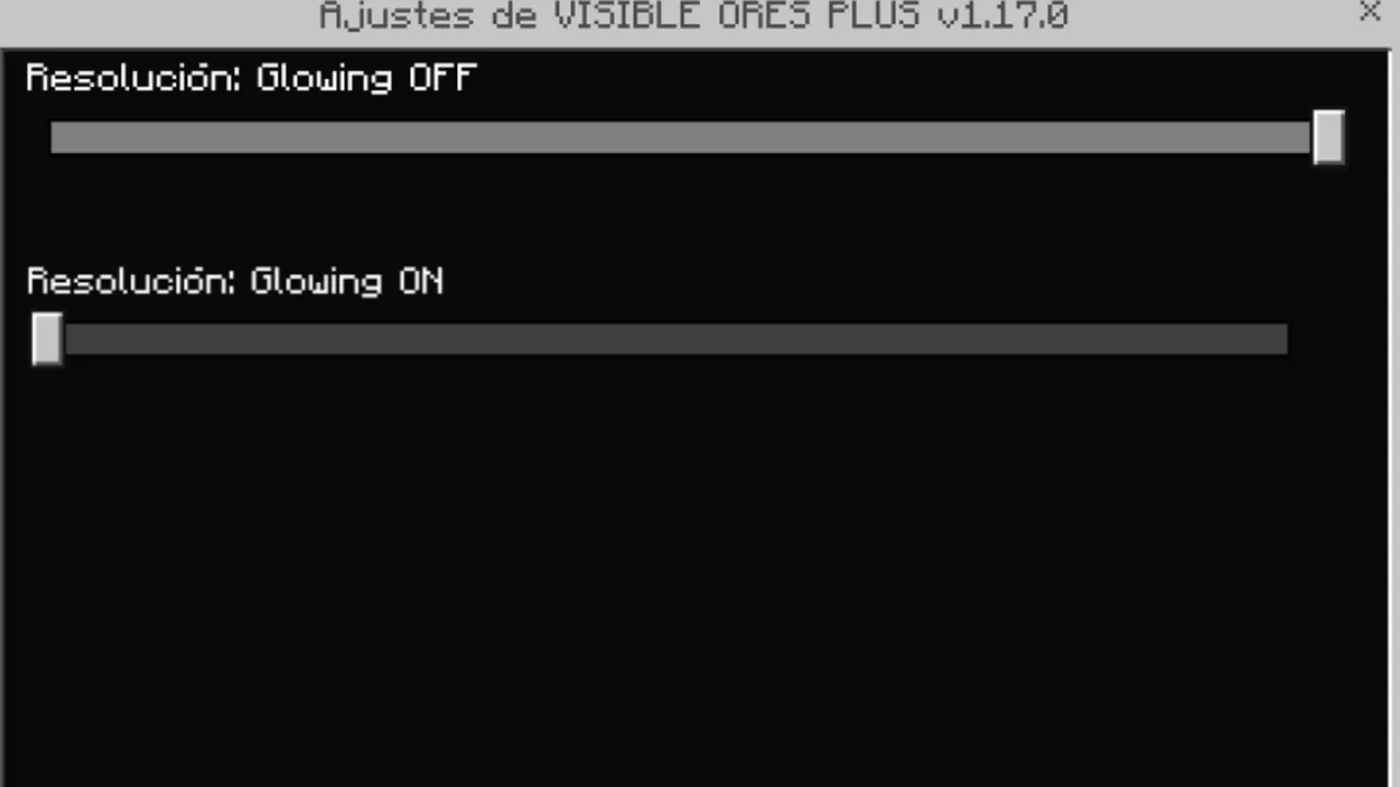 Visible Ores Plus texture pack: Settings menu with glowing ore options