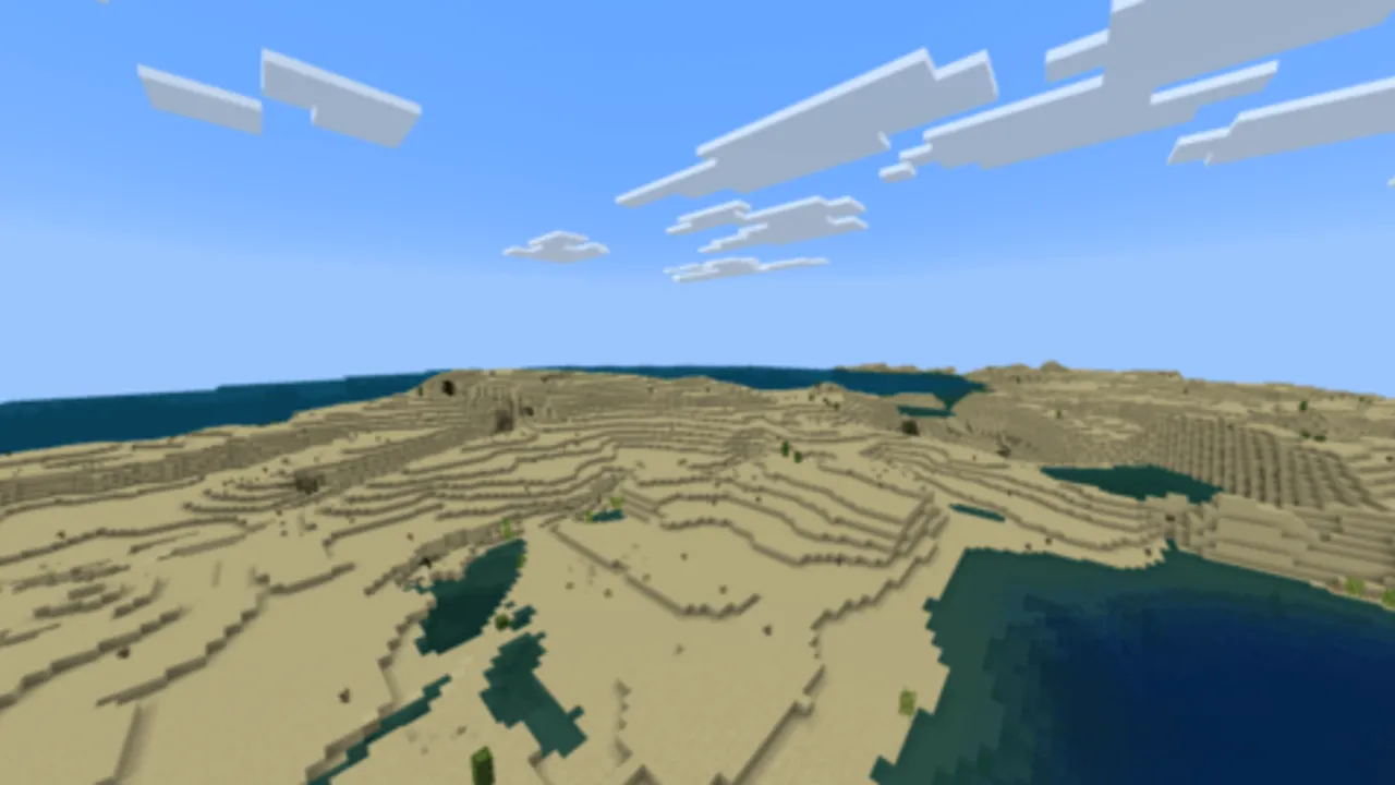 Vistas LOD texture pack for Minecraft PE: Desert landscape with ocean and clouds