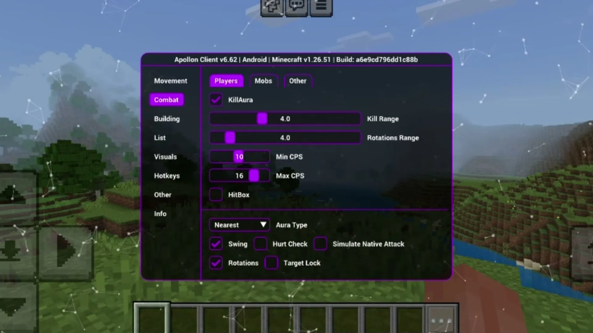 Apollon Client's combat tab with KillAura range and rotation settings