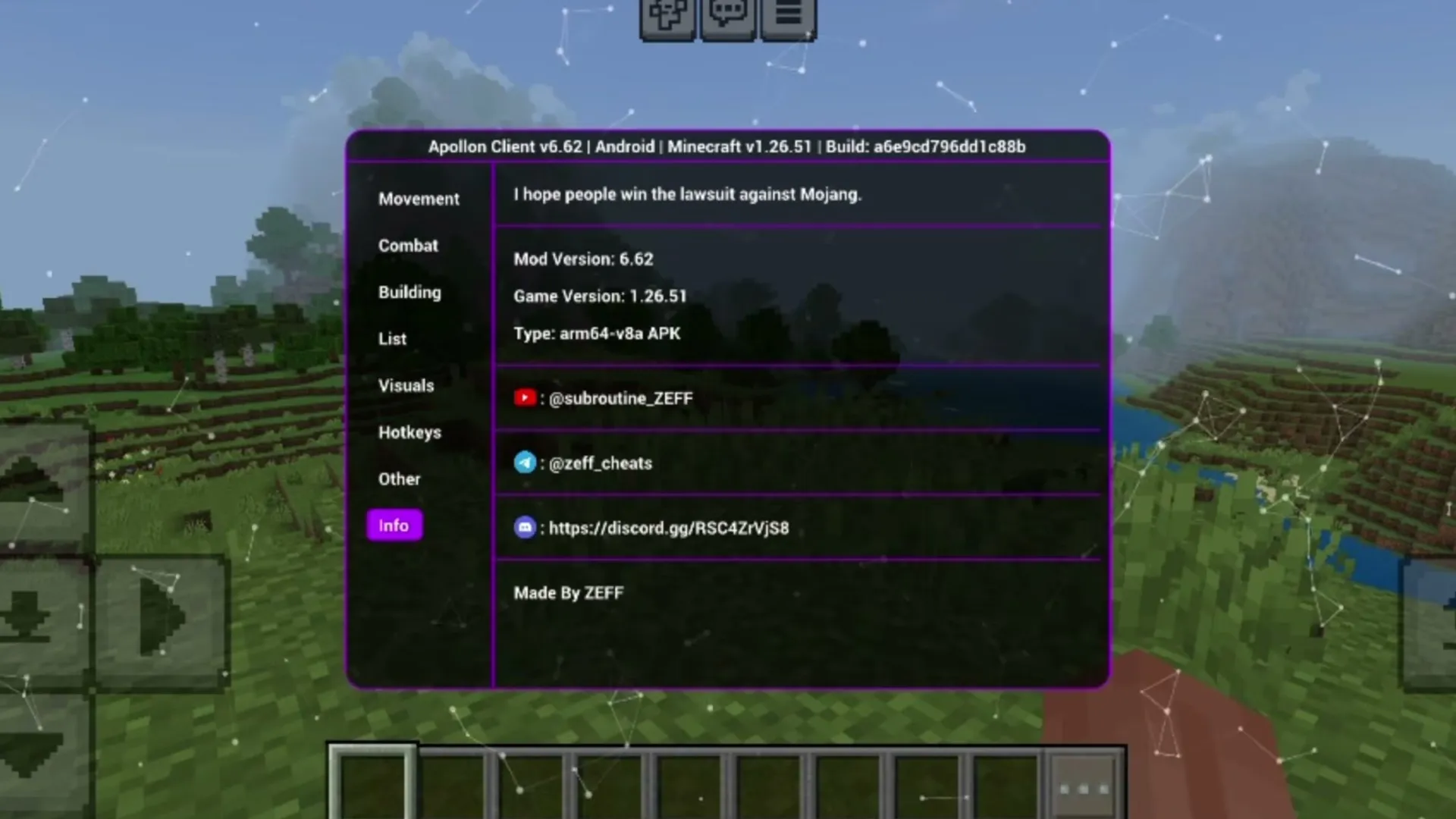 Apollon Client's info tab with the client version