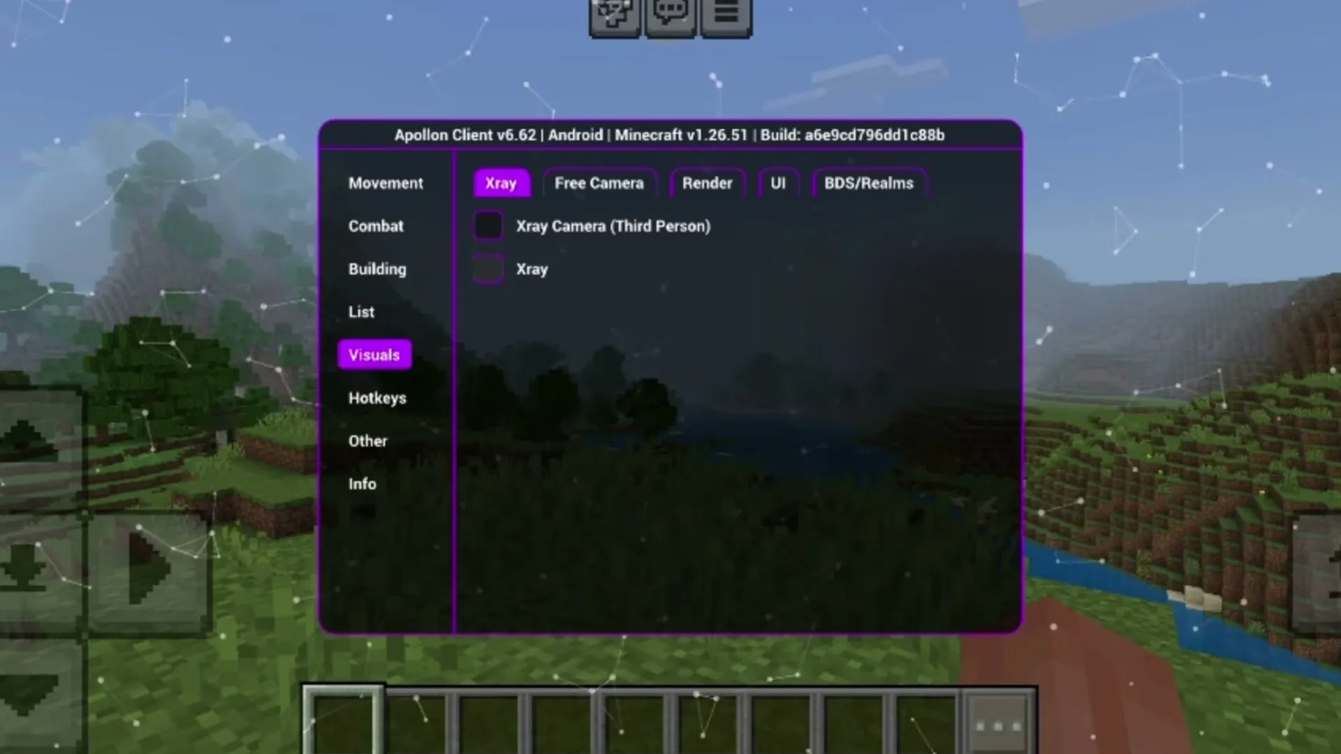 Apollon Client's visuals tab with Free Camera and X-ray