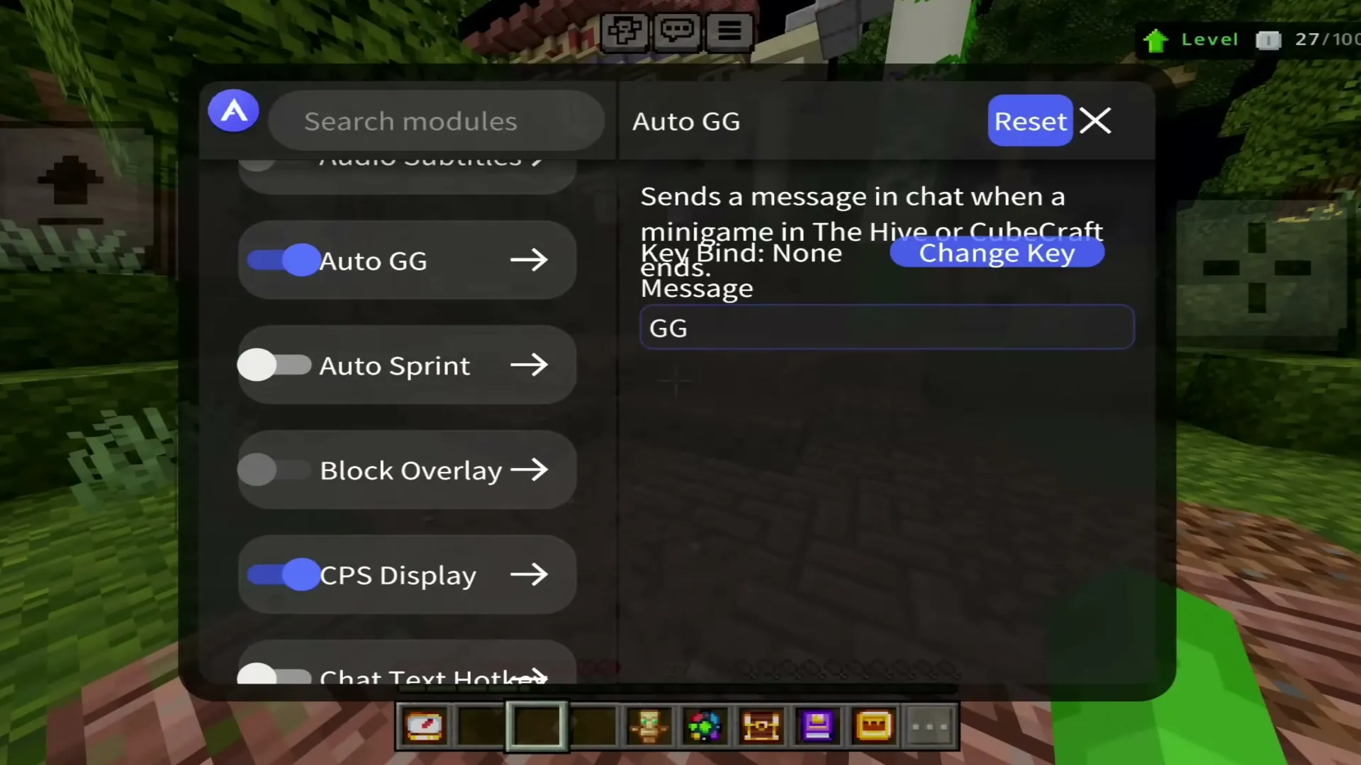 Atlas Client's module menu with AutoGG settings