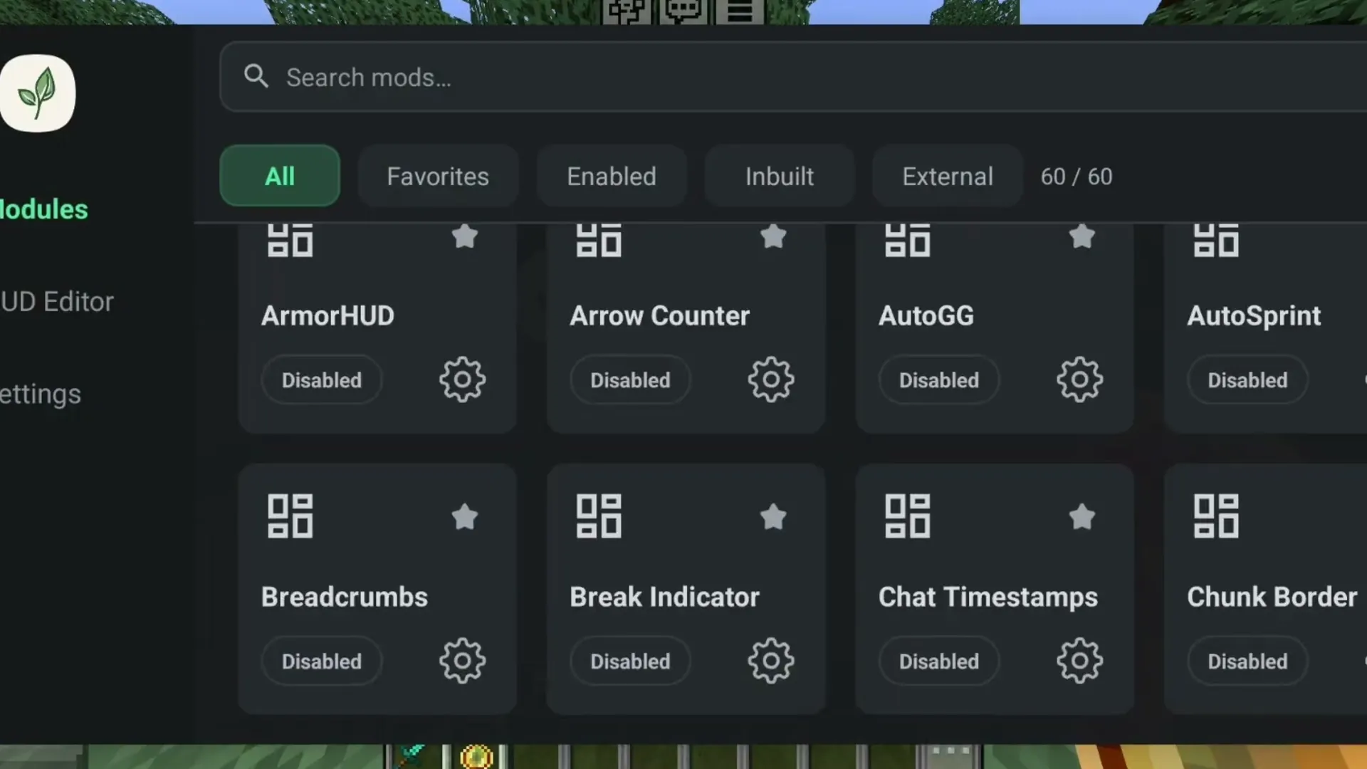 The BedrockTools module menu: ArmorHUD, Arrow Counter, AutoGG, AutoSprint, Breadcrumbs and more