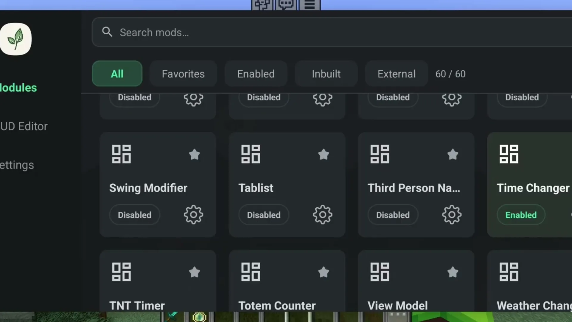 Time Changer, Weather Changer, TNT Timer and Totem Counter in the module list
