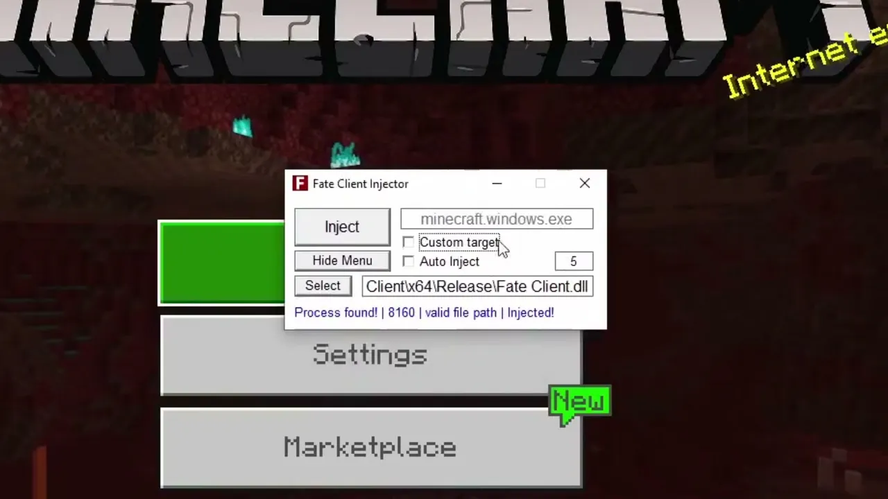 The Fate Injector window over the Minecraft main menu, showing Process found and Injected