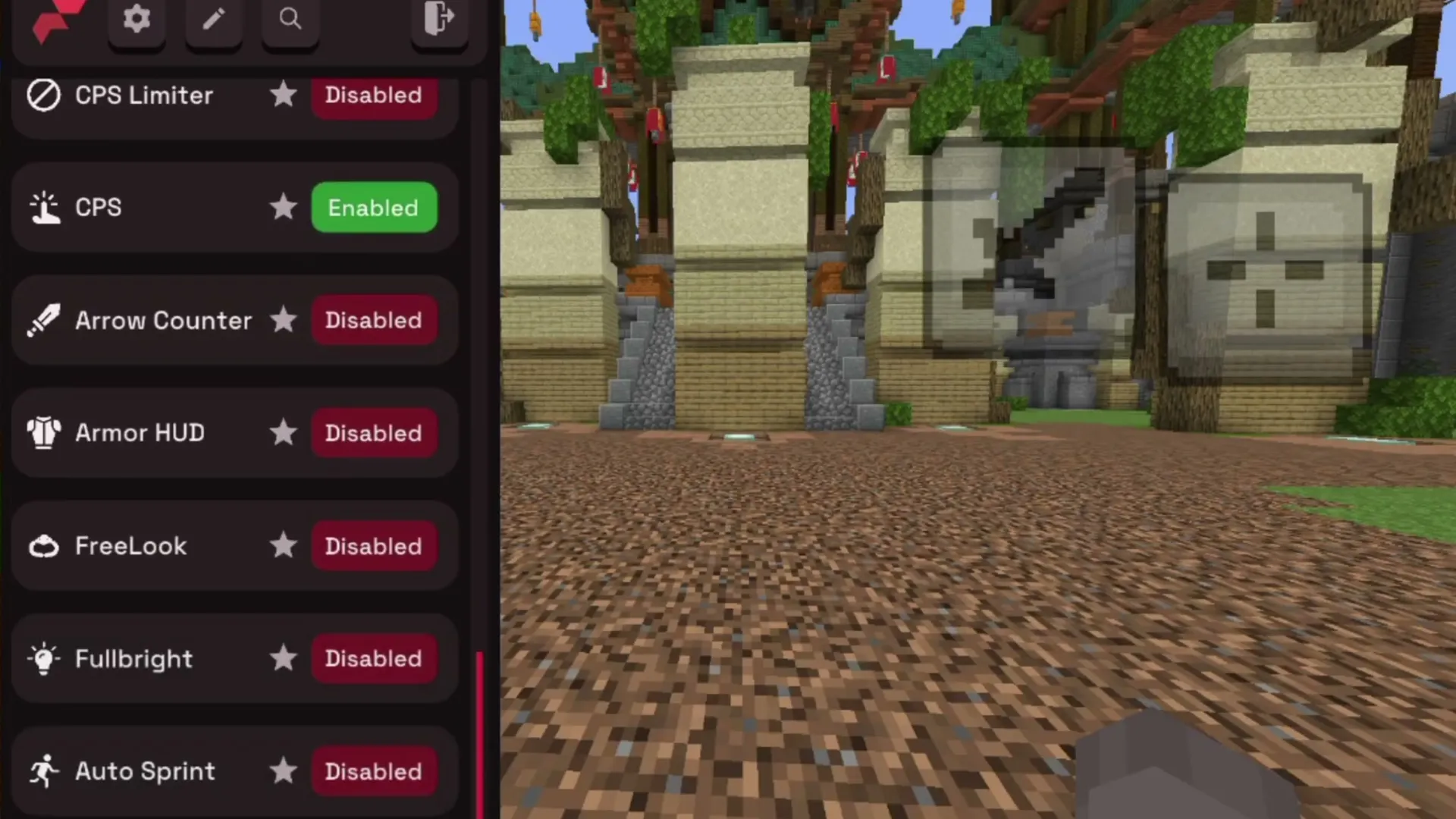Flarial Client modules: CPS Limiter, Arrow Counter, ArmorHUD, FreeLook, Fullbright, Auto Sprint