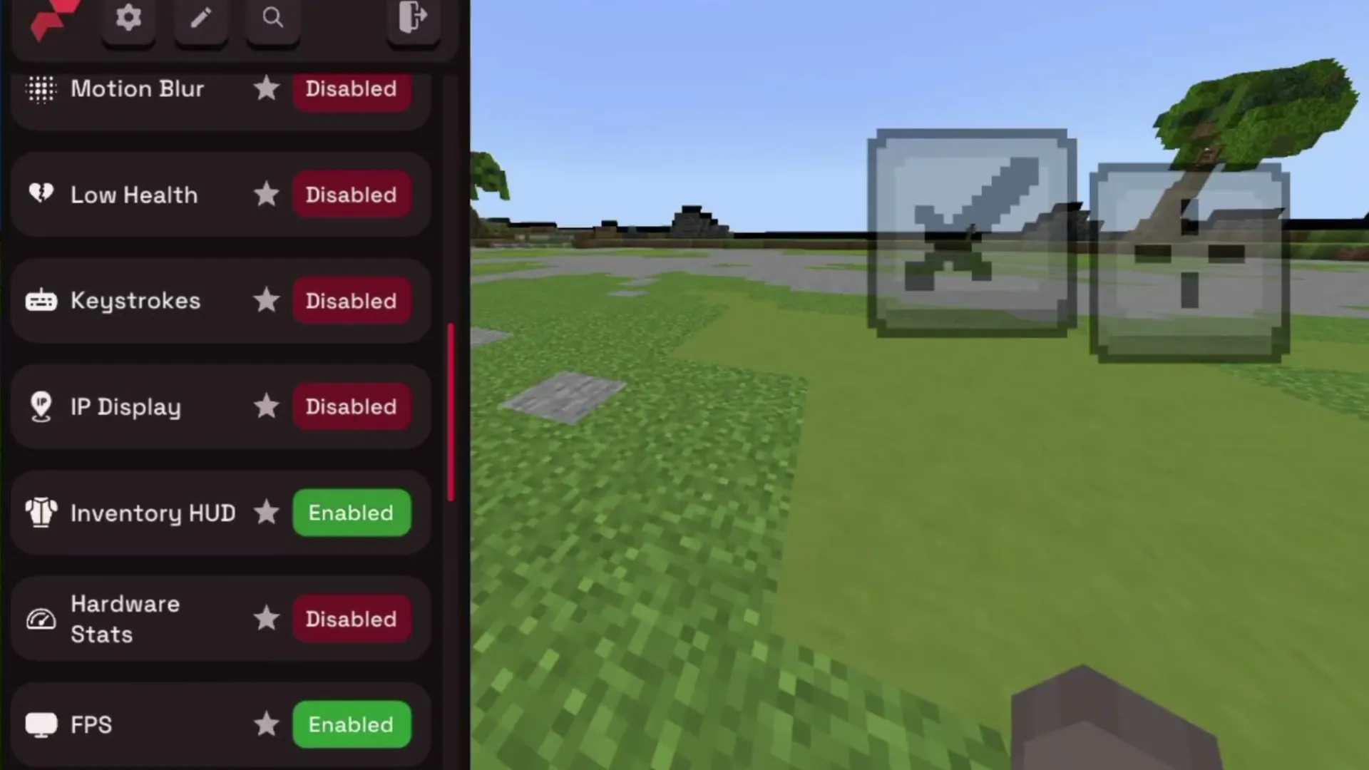 Flarial Client's module list on Android: Motion Blur, Keystrokes, FPS and more